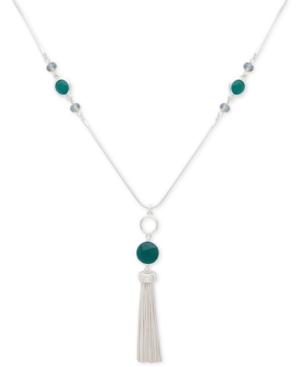 Nine West Silver-tone Green Stone & Chain Tassel Pendant Necklace
