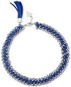 Guess Silver-tone Blue Faux Leather Tassel Chain Bracelet