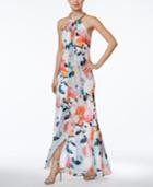 Calvin Klein Draped Floral-print Halter Gown