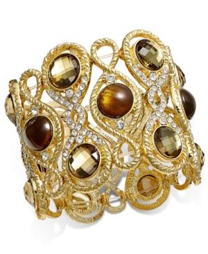 Inc International Concepts Gold-tone Crystal Pave Tiger's Eye Stretch Bracelet