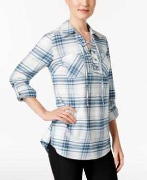 Style & Co. Lace-up Plaid Top, Only At Macy's