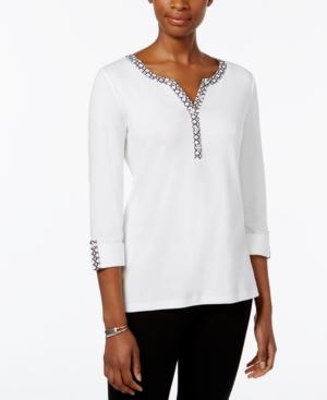 Karen Scott Petite Contrast-trim Henley Top, Only At Macy's