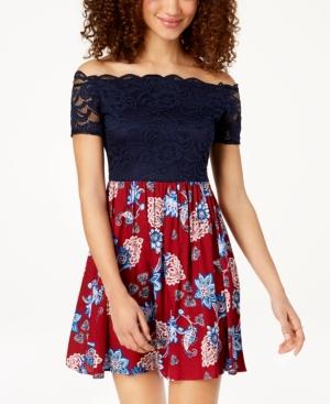 City Studios Juniors' Lace-contrast Fit & Flare Dress