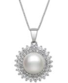 Cultured Freshwater Pearl (11mm) And Cubic Zirconia Pendant Necklace In Sterling Silver