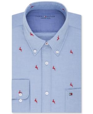Tommy Hilfiger Men's Slim-fit Comfort Wash Untucked Light Blue Solid Embroidered Dress Shirt