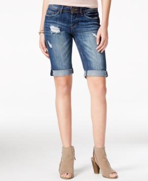 Dollhouse Juniors' Ripped Dark Wash Denim Bermuda Shorts