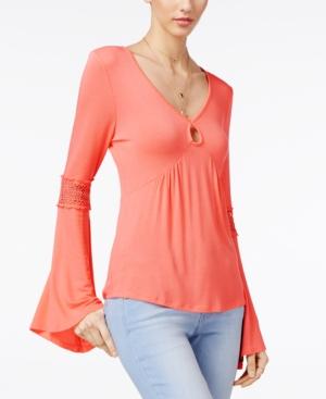 Ultra Flirt Juniors' Crochet-trim Bell-sleeve Tunic Top
