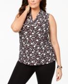 Anne Klein Plus Size Printed Pleated V-neck Top