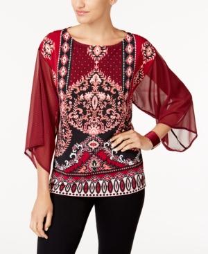 Jm Collection Printed Sheer-sleeve Tunic, Created For Macy's