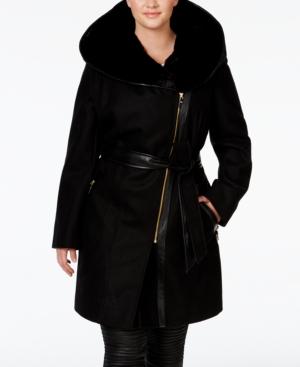Via Spiga Plus Size Faux-fur-collar Mixed-media Coat, Only At Macy's