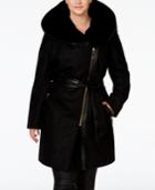 Via Spiga Plus Size Faux-fur-collar Mixed-media Coat, Only At Macy's