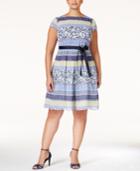 Sl Fashions Plus Size Printed Belted Fit & Flare Dress
