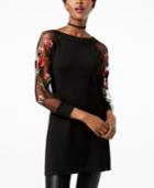 Inc International Concepts Embroidered-rose Illusion-sleeve Tunic Sweater, Created For Macy's