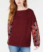 Gypsies & Moondust Juniors' Printed-sleeve Waffle-knit Top