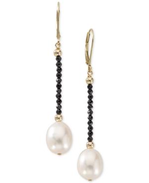 Cultured Freshwater Pearl (10mm) & Black Spinel Drop Earrings In 14k Gold