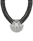 2028 Silver-tone Crystal And Black Beaded Collar Necklace
