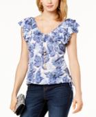 I.n.c. Printed Ruffle-sleeve Tie-hem Top, Created For Macy's