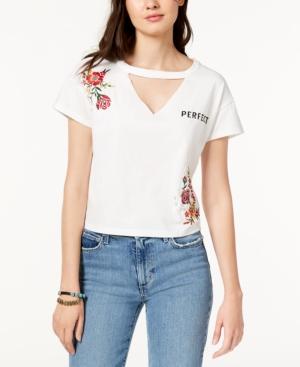 Crave Fame Juniors' Embroidered Choker-neck T-shirt