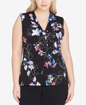 Tahari Asl Plus Size Printed Tie-neck Top