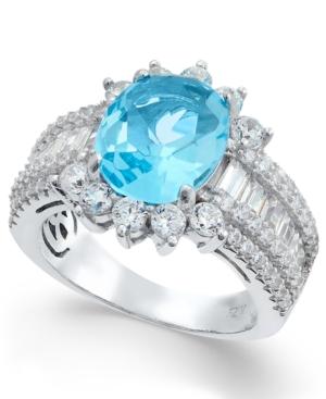 Blue Glass Stone And Cubic Zirconia Ring In Sterling Silver
