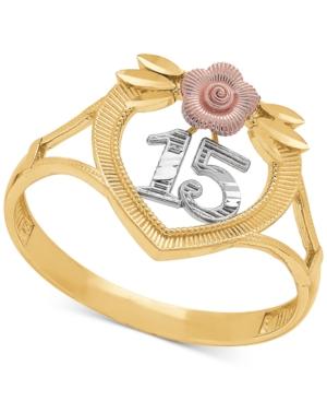 Tricolor Quinceanera 15 Rose Openwork Ring In 14k Gold, Rose Gold & Rhodium Plate