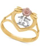 Tricolor Quinceanera 15 Rose Openwork Ring In 14k Gold, Rose Gold & Rhodium Plate