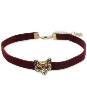Betsey Johnson Gold-tone Pave Fox Burgundy Velvet Choker Necklace
