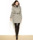 Dkny Petite Hooded Faux-fur-trim Belted Down Puffer Coat