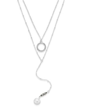 Inc International Concepts Silver-tone Pave Circle And Imitation Pearl Pendant Lariat Necklace, Created For Macy's