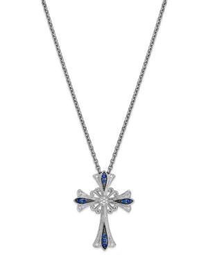 Sapphire (1/5 Ct. T.w.) And Diamond Accent Antique Cross Pendant Necklace In Sterling Silver