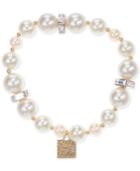Anne Klein Gold-tone Crystal, Imitation Pearl & Lion Head Charm Stretch Bracelet