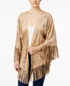 Kensie Perforated Faux-suede Fringe-trim Kimono