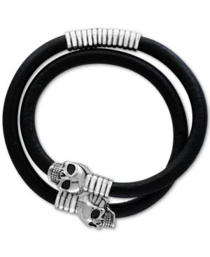 Effy Men's Skull-detail Leather Wrap Bracelet In Sterling Silver