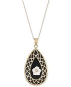 Onyx & Mother-of-pearl Flower Teardrop 18 Pendant Necklace In 14k Gold