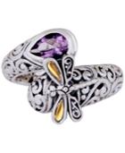 Sweet Dragonfly Classic Sterling Silver Ring Embellished By 18k Gold Accents On 4 Strips Of Dragonfly's Wings And Amethyst