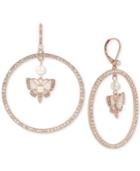 Betsey Johnson Rose Gold-tone Crystal & Imitation Pearl Butterfly Drop Hoop Earrings