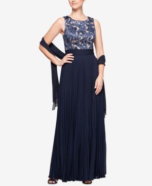 Alex Evenings Embroidered & Pleated Gown With Shawl