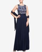 Alex Evenings Embroidered & Pleated Gown With Shawl