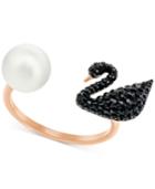 Swarovski Rose Gold-tone Imitation Pearl And Black Pave Swan Ring