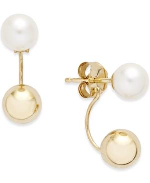 Freshwater Pearl (5mm) And Ball Front And Back Earrings In 14k Gold