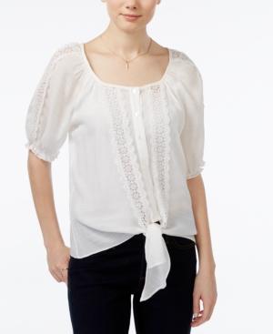 Bcx Juniors' Lace-trim Tie-hem Peasant Top