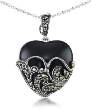 Onyx (24 X 24mm) & Marcasite Heart Pendant On 18 Chain In Sterling Silver