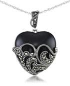 Onyx (24 X 24mm) & Marcasite Heart Pendant On 18 Chain In Sterling Silver