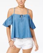 7 Sisters Juniors' Cold-shoulder Chambray Top