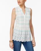 Style & Co Cotton Eyelet-embroidered Pleated Top, Created For Macy's