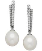 Cultured Freshwater Pearl (10mm) And Cubic Zirconia Stick Drop Earrings In Sterling Silver