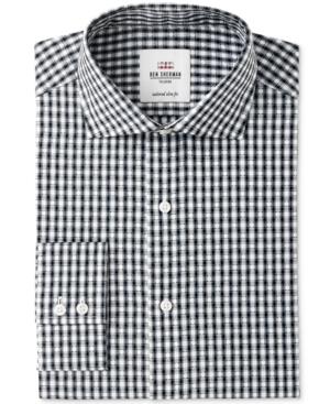 Ben Sherman Men's Slim-fit Black & Light Blue Dobby Check Dress Shirt