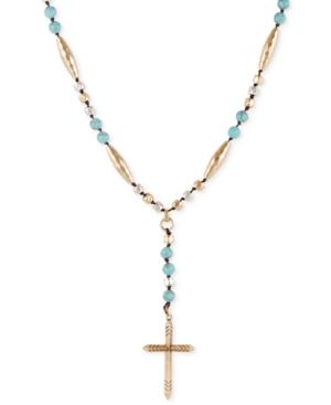 Lucky Brand Two-tone Blue Beaded Cross Lariat Necklace