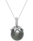 Cultured Black Tahitian Pearl (13mm) And Diamond Accent Pendant Necklace In 14k White Gold
