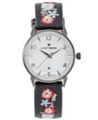 Lucky Brand Women's Ventana Foral Embroidered Black Leather Strap Watch 34mm